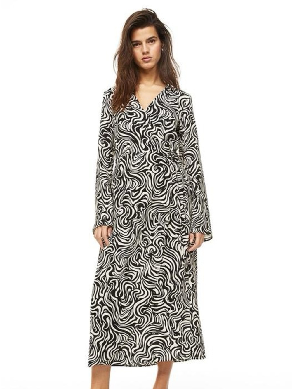 Black & Cream Swirl-Print Long Sleeve Midi/Maxi Wrap Dress by H&M